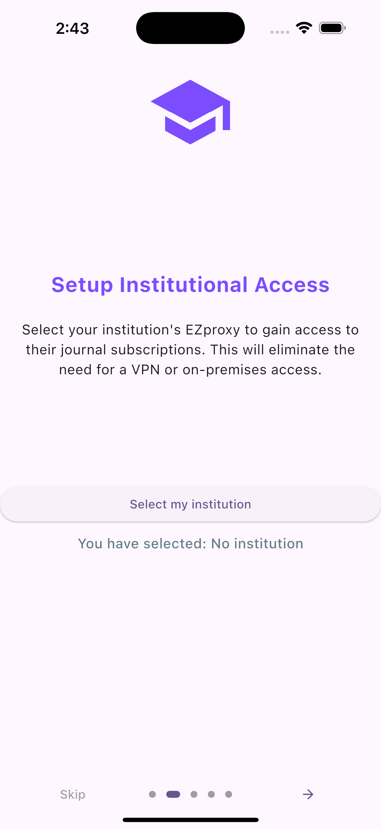 Screenshot showing the institution select screen