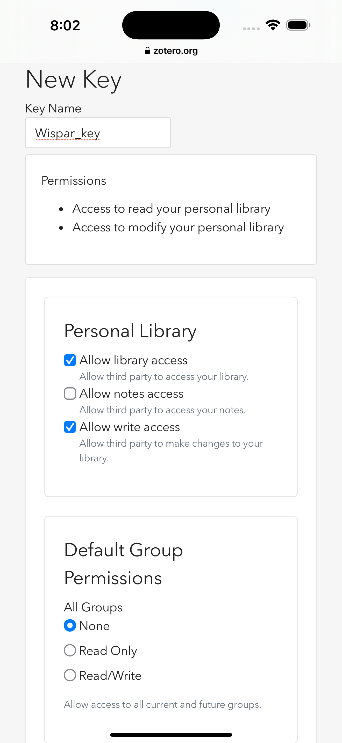 Screenshot showing the overview of the API key generation