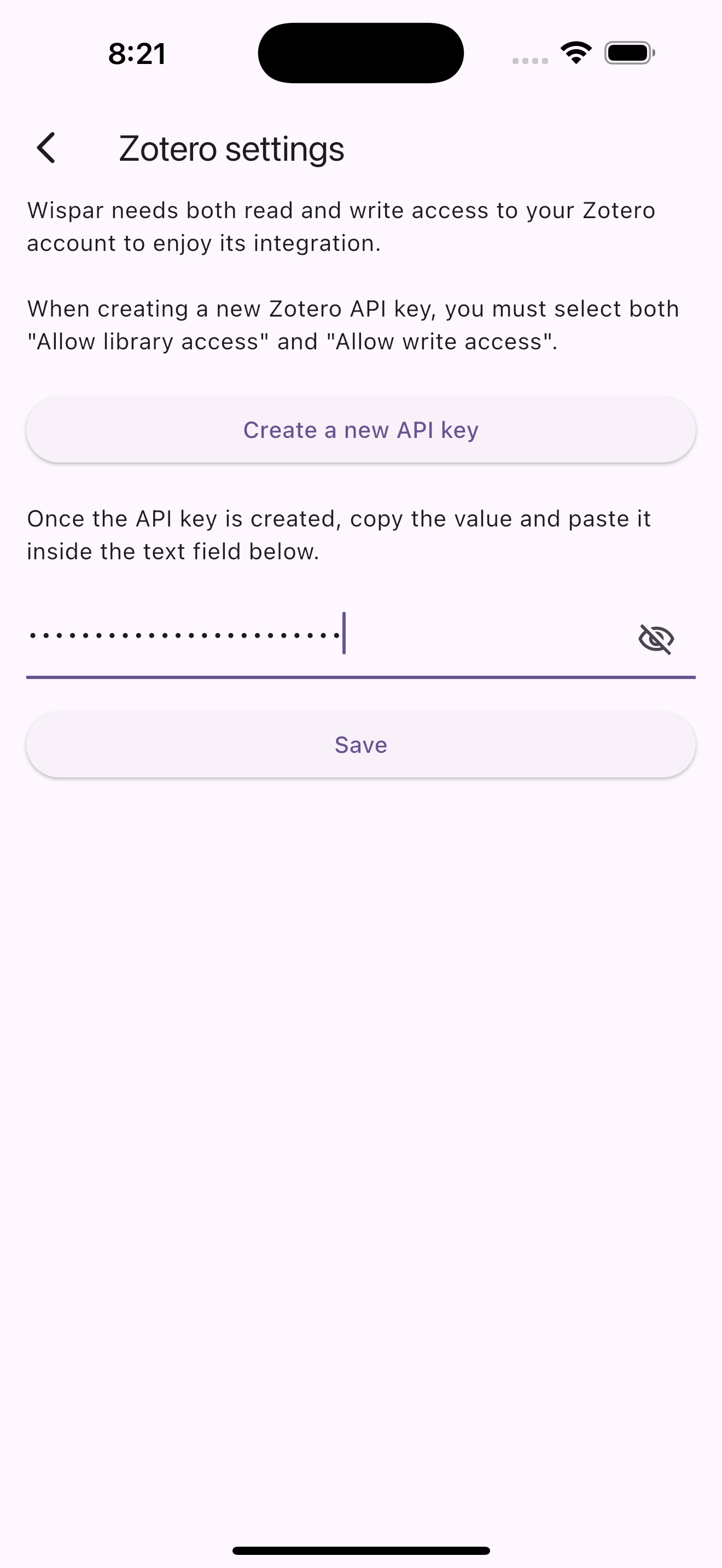 Screenshot showing the API key entered in Wispar
